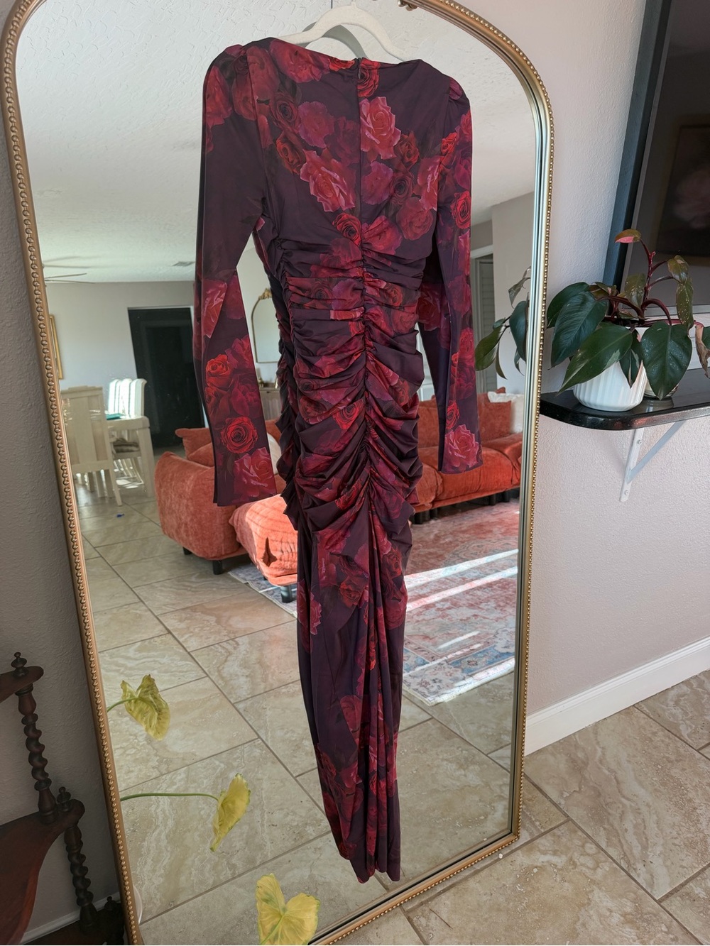 House of CB Burgundy Rose Ruched Long Sleeve Midi Dress